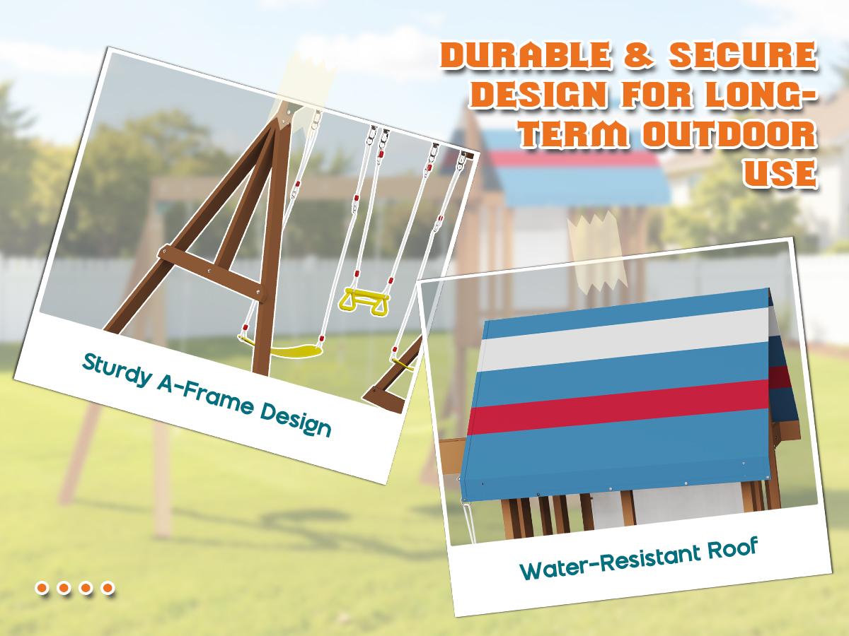 ALBOTT 3 Different Size Wooden Swing Set for Kids, Large Outdoor Wood Playhouse with Double Towers, Wave Slides, Swings, Climbing Wall & Ladder, Backyard Playground for Ages 3–8