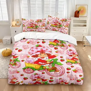 Cute Strawberry Shortcake Bedding Set, 1 Duvet Cover + 1/2 Pillowcases, Pink Gingham Cat & Bicycle Print Duvet Cover, Cozy Soft Breathable Fabric, All Season Lightweight Bed Set for Teens