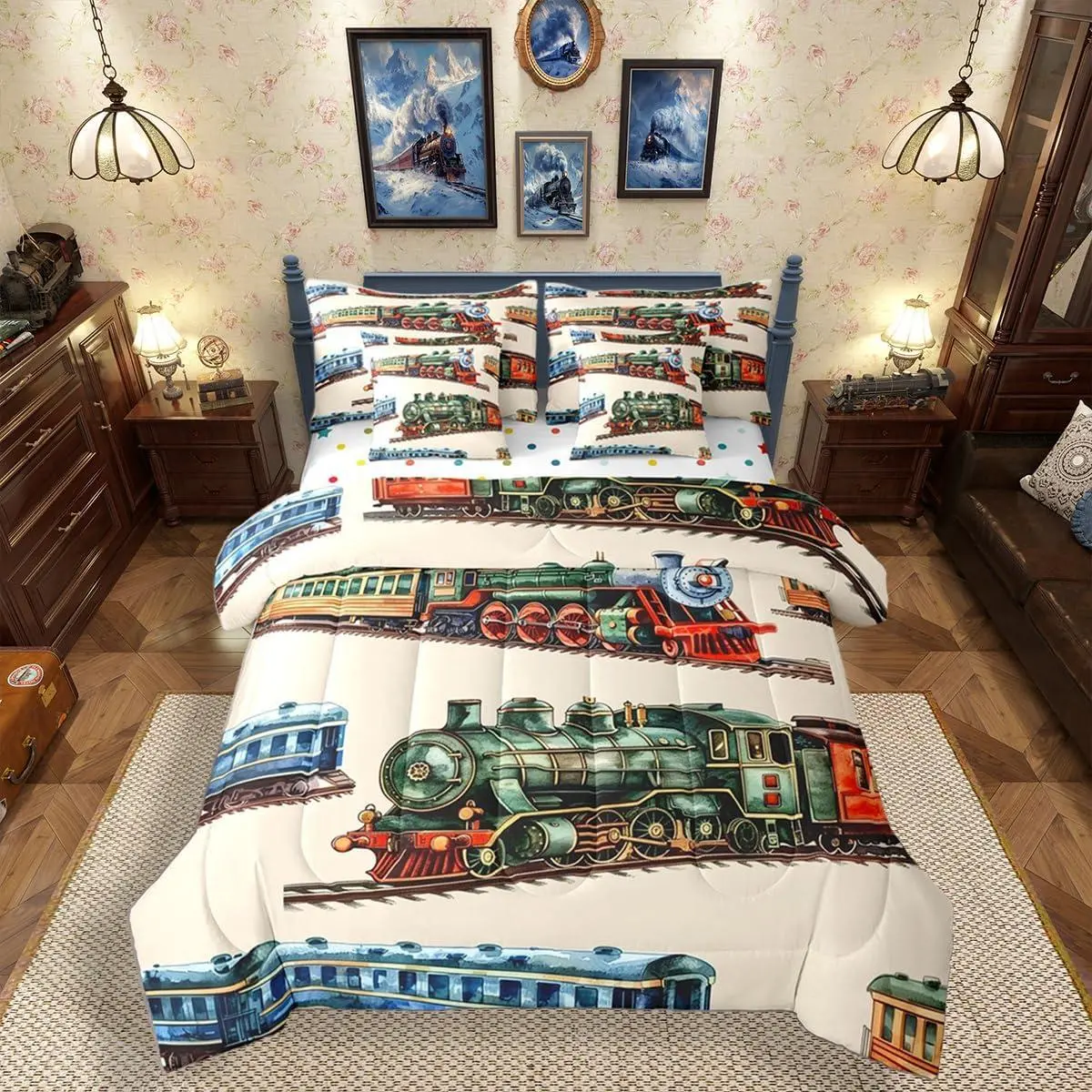 Boys Train 7 Pieces Bedding Set for Home,Vintage Steam Train Bed in A Bag,Steam Engine Comforter Set with Sheets,Transportation Vehicle Bed Set,for Kids Teen Men Bedroom