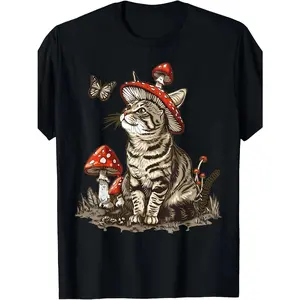 Gray Cat Aesthetic Mushroom Hat T-Shirt100% Cotton - 180g