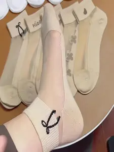 5 Pairs Crystal Silk Socks, Summer Thin Breathable Glass Fiber Cartoon Bear Outdoor Versatile Women's Socks, Comfortable and Stylish