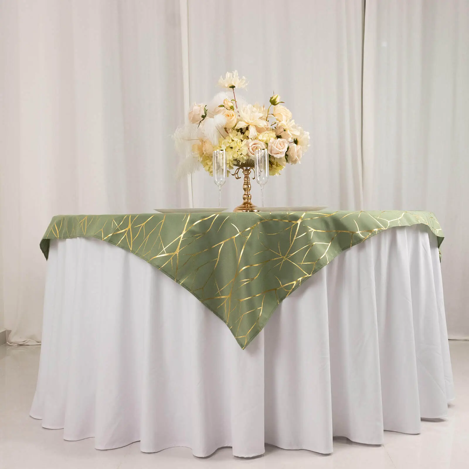Polyester Square Overlay Tablecloth (Overlay Table Cover), 54"x54" Dusty Sage Green with Gold Foil Tree Branch Pattern - Decorative, Wrinkle-Resistant, Durable for Wedding, Party Decoration