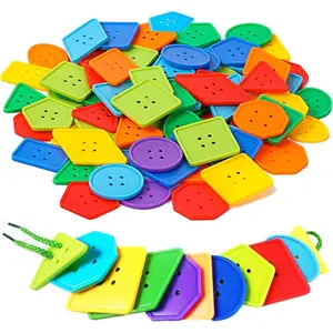 L-ITC130 70 Pcs Montessori Lacing Threading Toy - Geometric Shaped Large Beads for Kids Crafts, Preschool Activities and Daycare Toys - Autism Learning Materials and Fine Motor Skills Toys for 3 4 5 6 Year Old Blocks