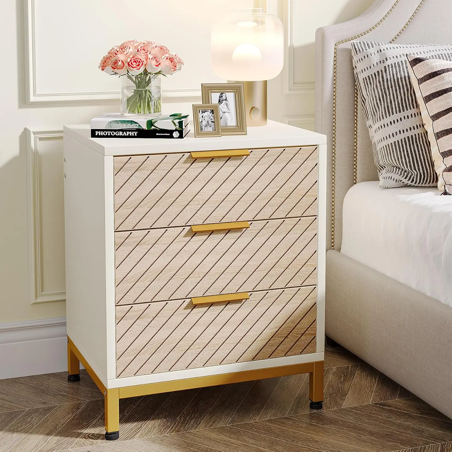 TRIBEWOOD Modern 3-Drawer White & Gold Accent Light Wood Grain Bedside Table - Indoor Furniture with Hidden Storage Drawers, Adjustable ft, Usable as Modern Nightstand, Tea Table for Bedrooms, Assembly Required