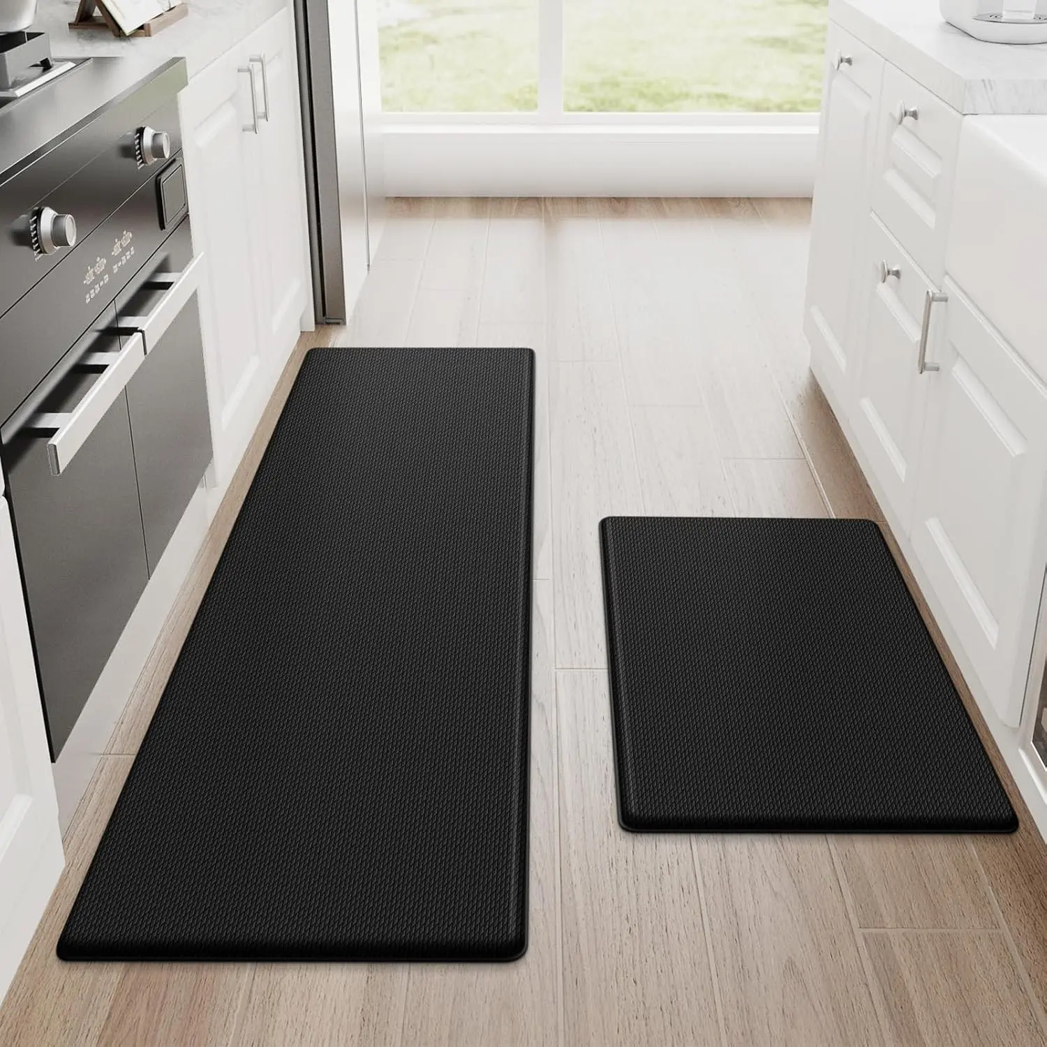 StepRite Kitchen Mats for Floor, 2-Piece Anti-Fatigue Kitchen Rugs, Black