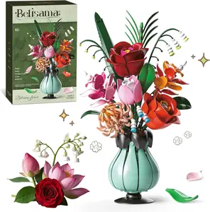 Flowers Bouquet Building Blocks Set with Vase, Roses, Lotus, Lily of the Valley for Adults, Teen Girls, Botanical Collection Home Décor, Office Decor, Gifts for Valentines Birthdays Mother's Day