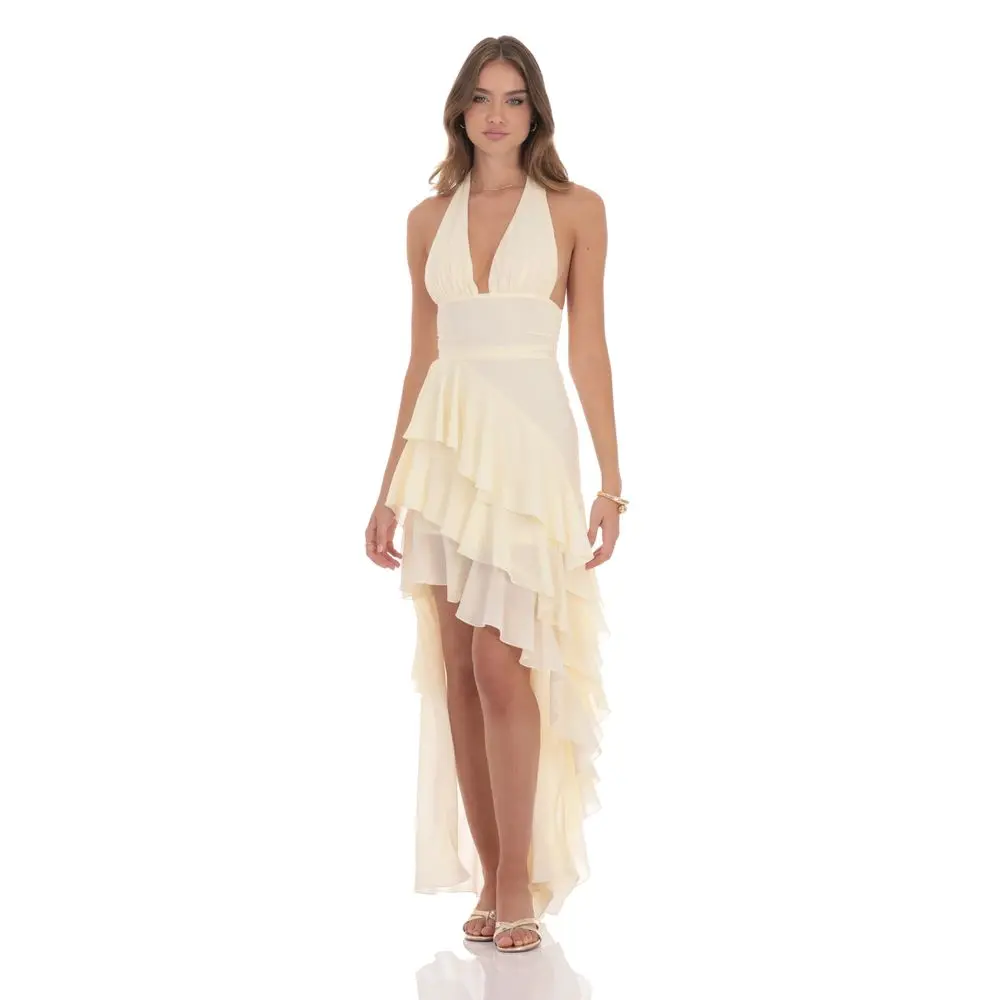 Asymmetrical Ruffle Maxi Dress in Ivory