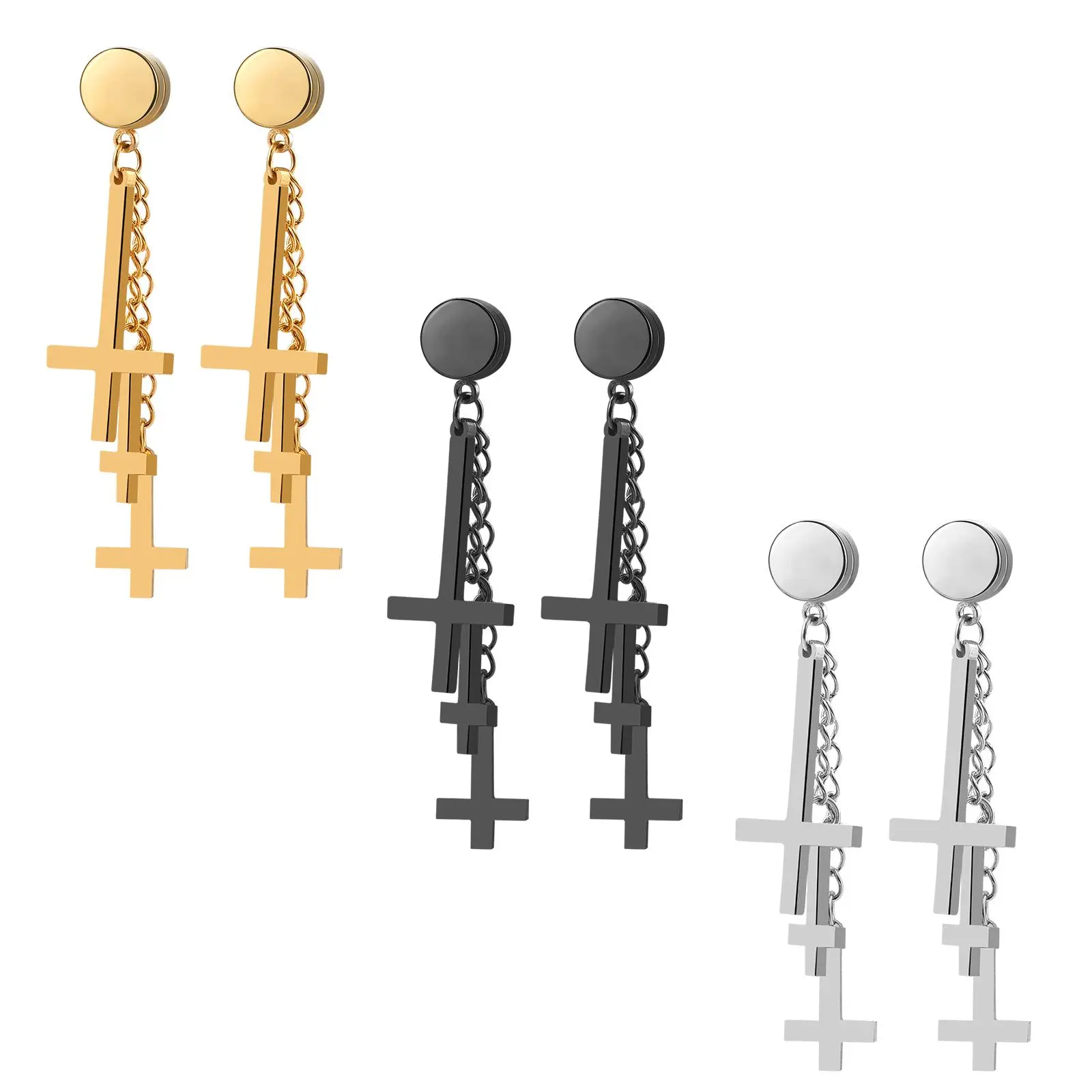 OIDEA 8mm Round Inverted Cross Magnetic Tassel Earrings - Men's Earrings Magnet, Back Clip, Religious Motif, Cross Detail, No Piercing, Black/Gold/Silver, Magnetic Earrings