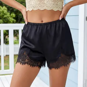 Silky Lace Trim Low Rise Solid Layered Shorts for Women Elegant Satin Lounge Shorts  Fall Winter Chic Summer OOTD