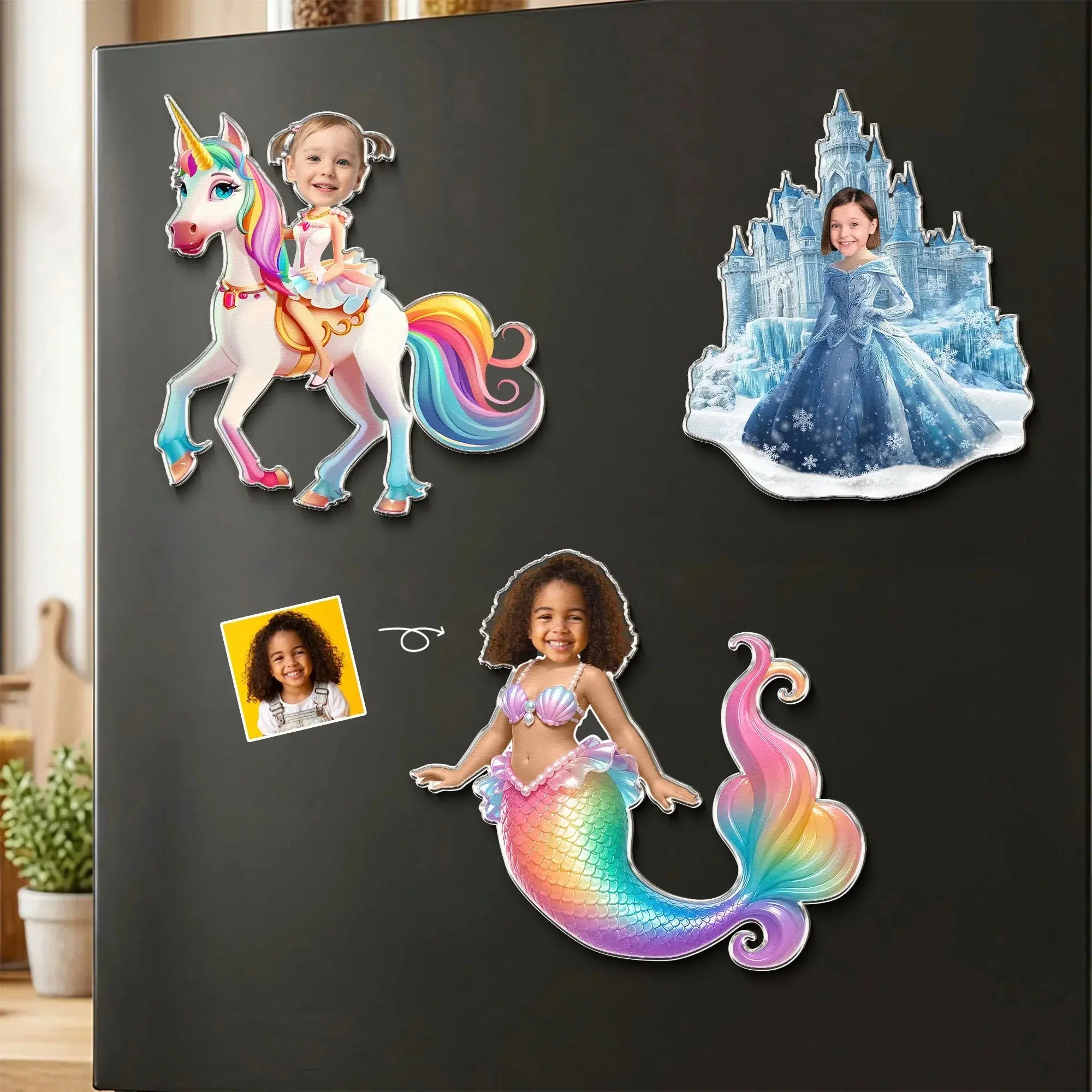 Personalized Acrylic Kids Photo Fridge Magnet, Custom Fantasy Character Cutouts - Unicorn, Mermaid, Princess - Birthday, Back-to-School Home Decor Gift