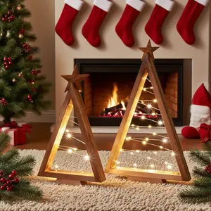 [Free Ship] LIVOA Modern Farmhouse Wooden Christmas Trees Set of 2 with LED Lights Rustic Tabletop Holiday Décor for Mantel Shelf Bedroom Living Room Warm Indoor Decoration Perfect Gift Minimalist Classic Style Battery-Powered LED Ornaments