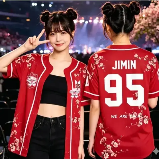 Unisex Red Cherry Blossom Baseball Jersey We Are Back Graphic Button Down Shirt Short Sleeve KPop Fan Concert Apparel Summer Tops
