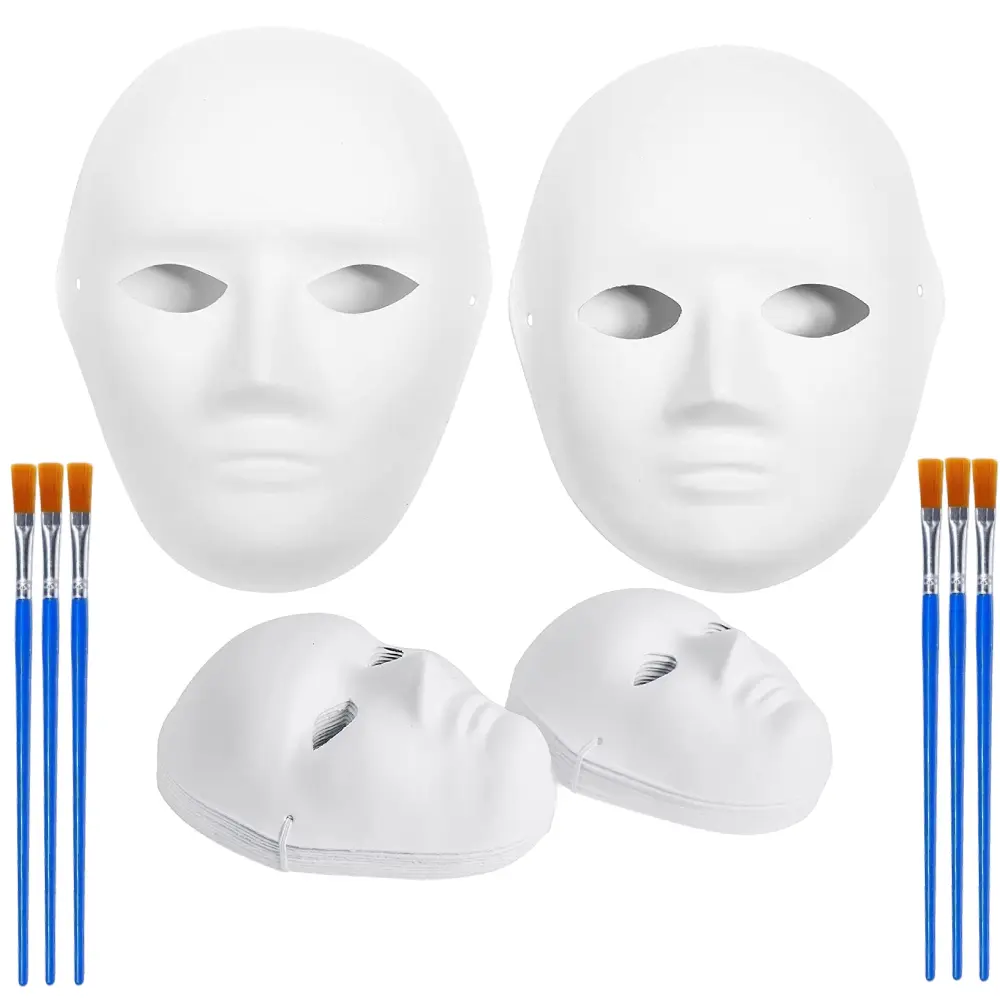 30Pcs DIY Blank Paper Mache Masks with 6 Painting Brushes, 2 Sizes Craft Blank Masks, Reusable Art Supplies for Halloween Masquerade, Theater Performance, Classroom Art Projects & Party Decoration
