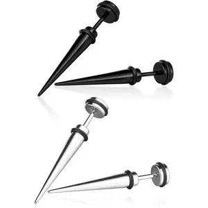 Jewelry 4 Pcs Mens Womens Stainless Steel Spike Stud Earrings Tapers Fake Plugs Ear Stretchers, 2 Pairs(Black, Silver)