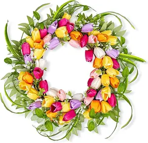 Artificial Spring Wreath 22 Inch Summer Wreaths for Front Door Tulip Wreath with Green Leaves for Indoor Outdoor Holiday Decorations