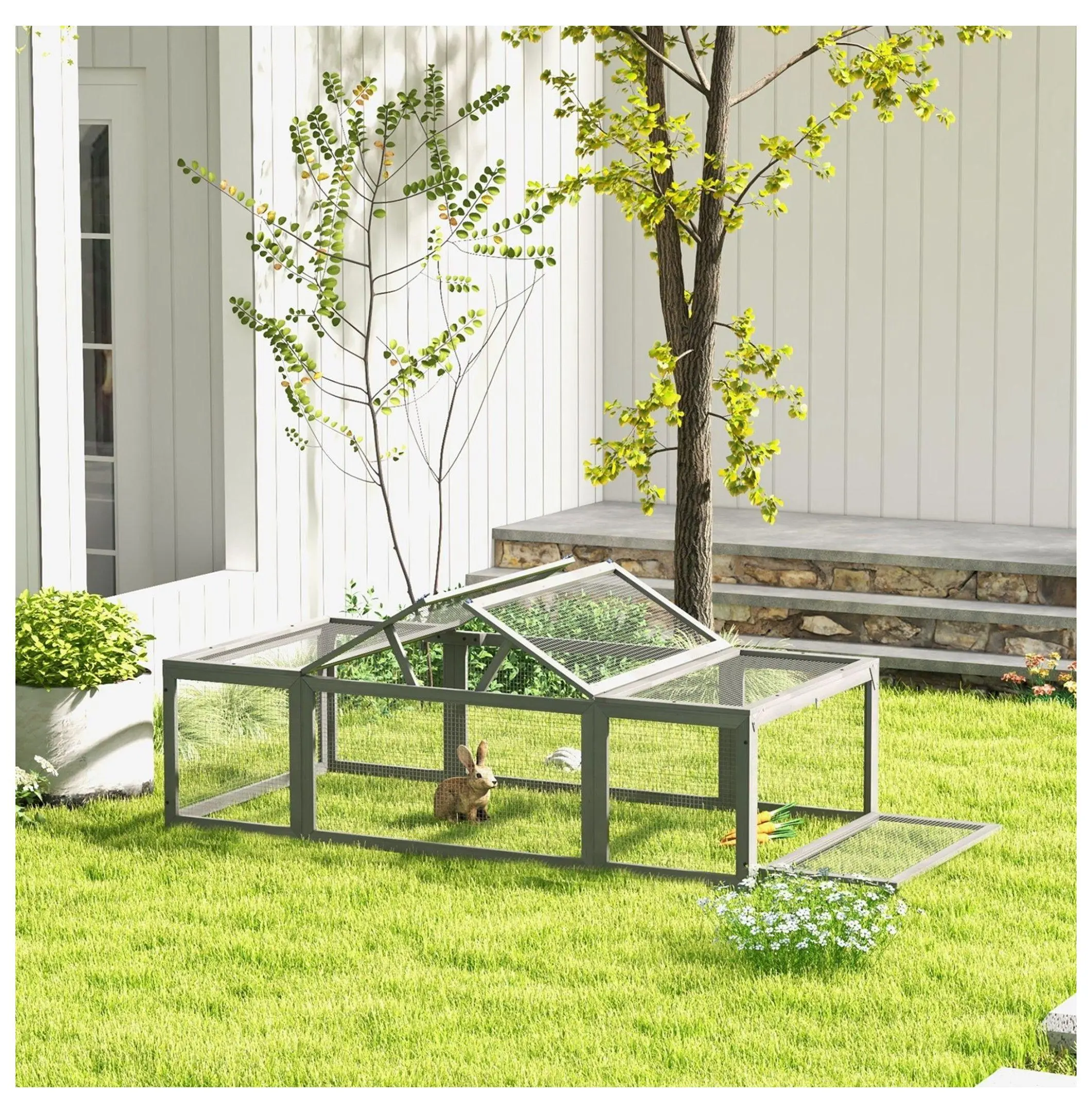 Large Wooden Rabbit Hutch Outdoor - 70.75" L x 35.5" W x 19" H Gray Small Animal Enclosure with Mesh, Connected Run Box, Lockable Doors, Easy Access & Accessible Openings