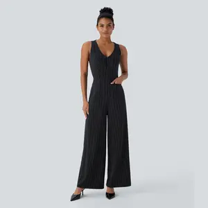V Neck Sleeveless Cut Out Pockets Wide Leg Stripe Cool Touch Work Jumpsuit