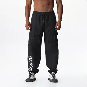 Men's Streetwear Graphic Cargo Pants, Casual Loose Fit Drawstring Elastic Waist Joggers, Multi-Pocket Techwear Trousers, Y2K Aesthetic Baggy Sweatpants for Daily Street Style, Skateboarding, Urban Outdoor, Unisex Sizes Menswear Beige Motocross Plain