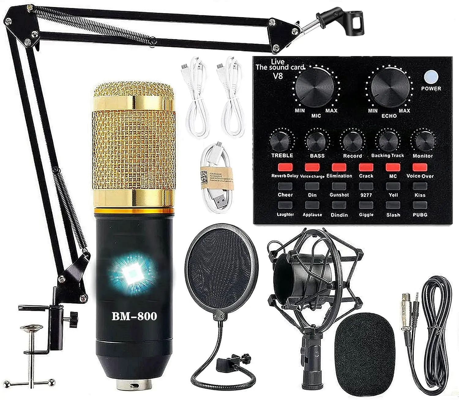 BM-800 Podcast Equipment Bundle, AM100-V8 Audio Interface Studio Package with Voice Changer, Live Sound Card for Smartphone, Laptop, Vlog, YouTube Streaming