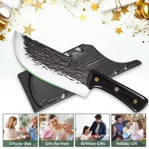 High Carbon Steel Kitchen Knife with Blade Guard, Wood Handle Non-stick Forged Blade Chef Knife for Slicing Meat Veg Cleaver