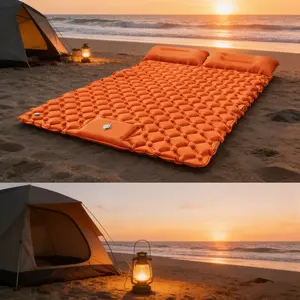 1pc Double TPU Foot Press Inflatable Sleeping Pad, Thickened Moisture Proof with Built-in Pillow, Diamond Anti Slip Texture, Ultra Light Foldable Mat for Camping Hiking Tent Picnic Backpacking, Portable Manual Inflation Couple Outdoor Sleeping Gear