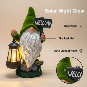 Outdoor Gnome Statue with Solar Light Flocked Resin Dwarf Sculpture for Garden Patio Lawn Christmas Decoration Waterproof Auto Light at Night