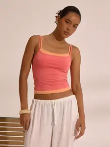 American Vintage Colorblock 2-in-1 Cami Top, Dual Straps, Crop Length, Stretchy Elastic Fabric, Summer Casual Wear