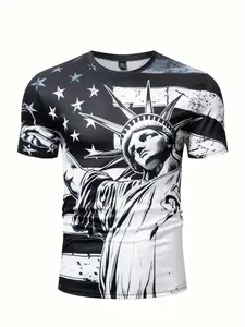 Men's Bold Liberty Statue & American Flag Graphic Tee, // Options, Breathable Soft Fabric, Casual Patriotic Shirt