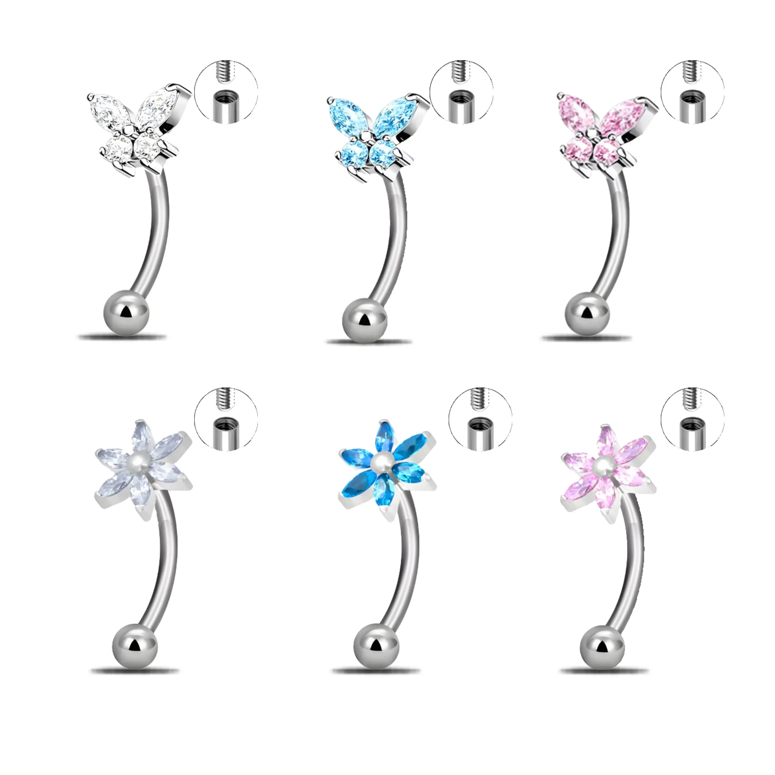 HERVAY 16G/8MM Hypoallergenic Titanium Eyebrow Ring Simple Silver Design with Blue Gemstone Butterfly & Flower Shapes Rook Helix Daith Snug Nose Hoop Compatible Unisex Fashionable Punk Piercing Jewelry