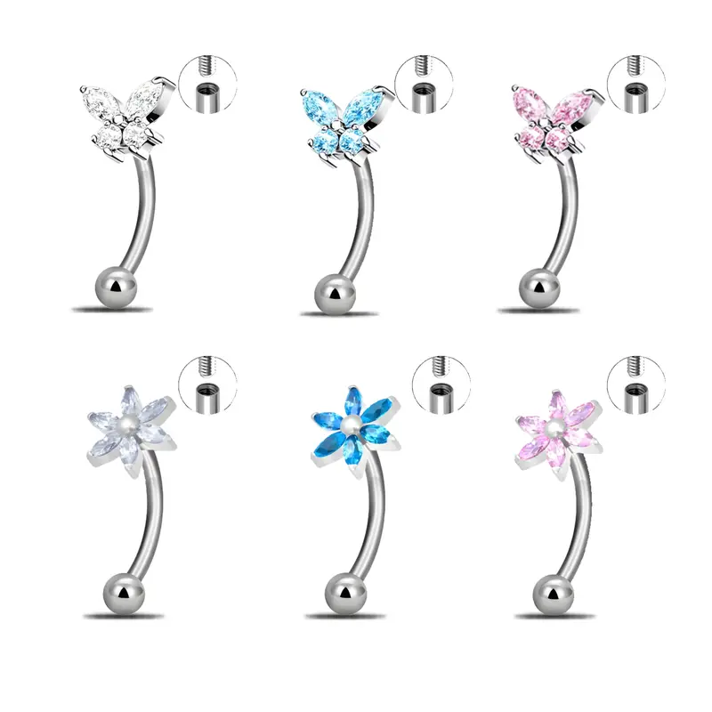 HERVAY 16G/8MM Hypoallergenic Titanium Eyebrow Ring Simple Silver Design with Blue Gemstone Butterfly & Flower Shapes Rook Helix Daith Snug Nose Hoop Compatible Unisex Fashionable Punk Piercing Jewelry