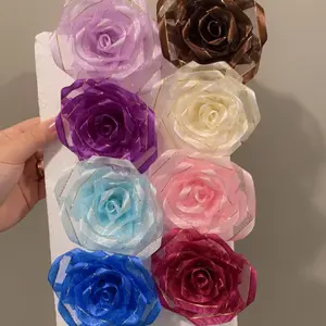 100 Pre-made rose petals Organza ribbon with satin edge and gold stripe / elegant ribbon style
