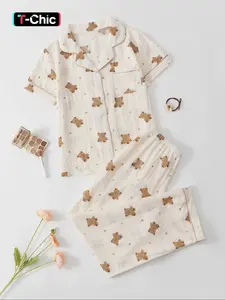 Women's Cartoon Print Lounge Set, Short Sleeve Lapel Neck Top & Pants Pj Set, Casual Comfy Pyjama Set for Women, Nightwear, Pajama Sleepwear, Loungewear, Womenswear, Pajamas, Lady