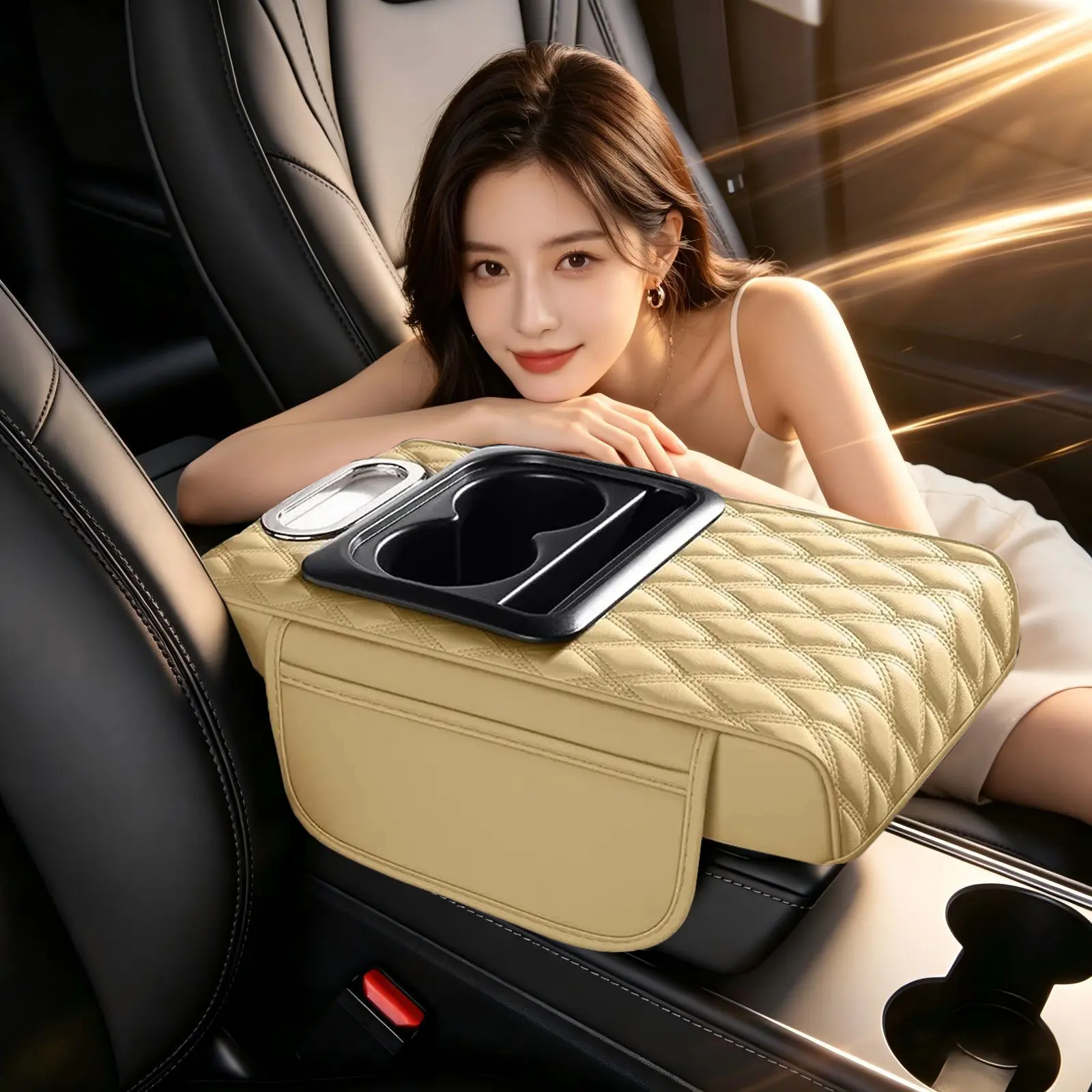 5-in-1 Car Organizer Glove Compartment Heightening Pad, Cars Accessories with Central Handrest, Water Cup Holder, Tissue Box & Storage Bag for Interior Stowing & Tidying, Accessories For Car