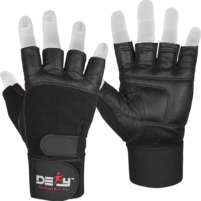DEFY Padded Weight Lifting Gloves with 13" Long Wrist Wrap Genuine Leather Gym Gloves for Power Lifting, Cross Training, Workout Black men