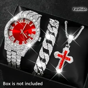 Ring  necklace  watch  scarf 3pcs Luxury Fashion Men's Watch Set, Silvery-Toned Roman Numeral Dial, Rhinestone Men's Watch and Cross Pendant Bracelet Set