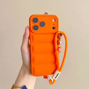 Case For iPhone 17 Air 16E 16 15 14 13 12 11 Pro Max 15 Plus Luxury Solid Color Down Jacket Phone Case With Hand Strap Protect Shell