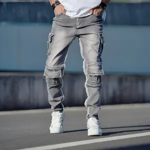 New Streetwear Men Stylish Multi pocket Cargo Slim Jeans Trousers High Quality Male Solid Casual Denim Pants