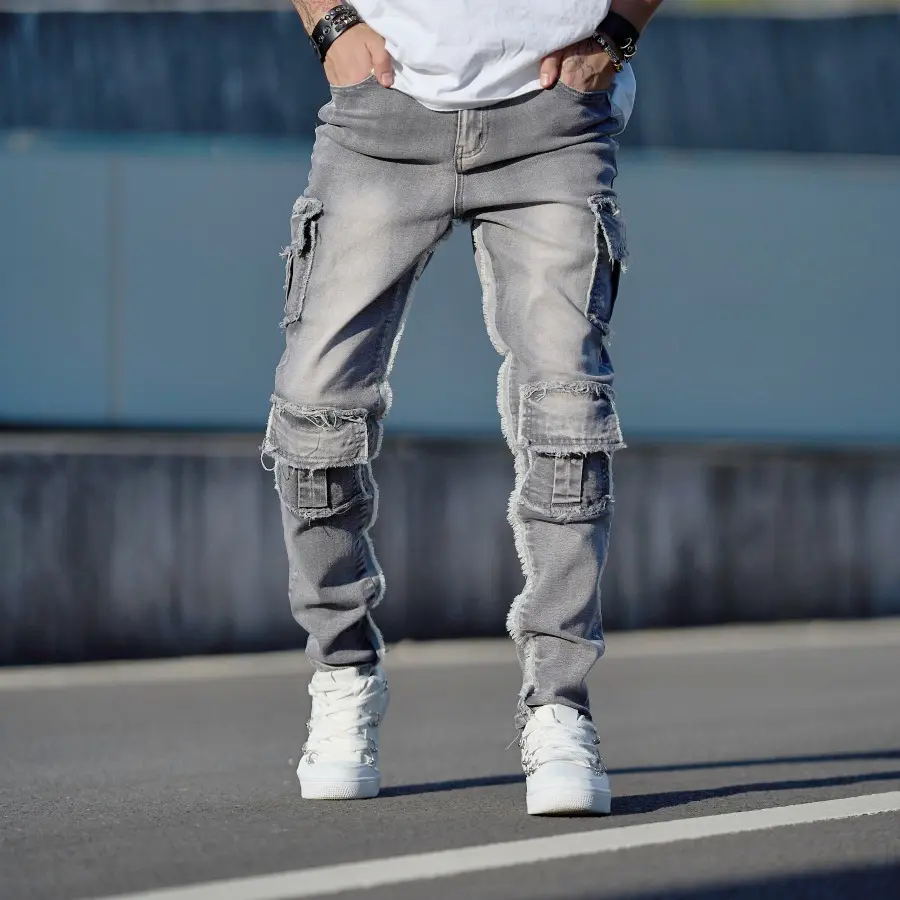 YYT1 New Streetwear Men Stylish Multi pocket Cargo Slim Jeans Trousers Quality Male Solid Casual Pants Deals You