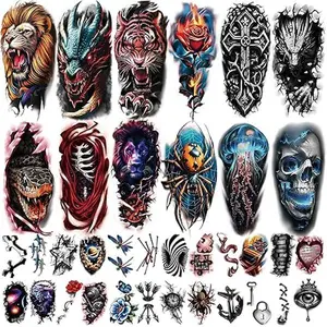 77 Sheets Temporary Tattoo for Women Men, 17 Sheets Half Arm Large 3D Eyes Lion Tiger Spider Fake Tattoos, 60 Sheets Flower Snake Skull Tiny for Adult Kids Cosplay Body Tattoos Stickers Realistic