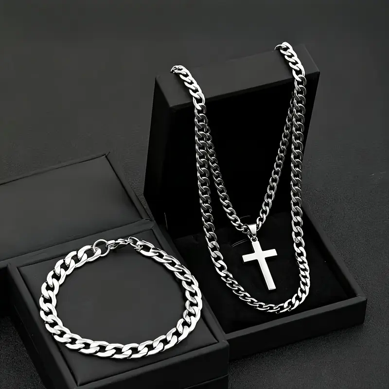 Stainless Steel Cross Cuban Link Necklace and Bracelet Set for Men, Hip-Hop Streetwear Brand, Versatile and Fade-Resistant Accessories, Suitable for Daily Wear, The Best Choice for Gifting, Cuban Chain Set, Matching Jewelry Set
