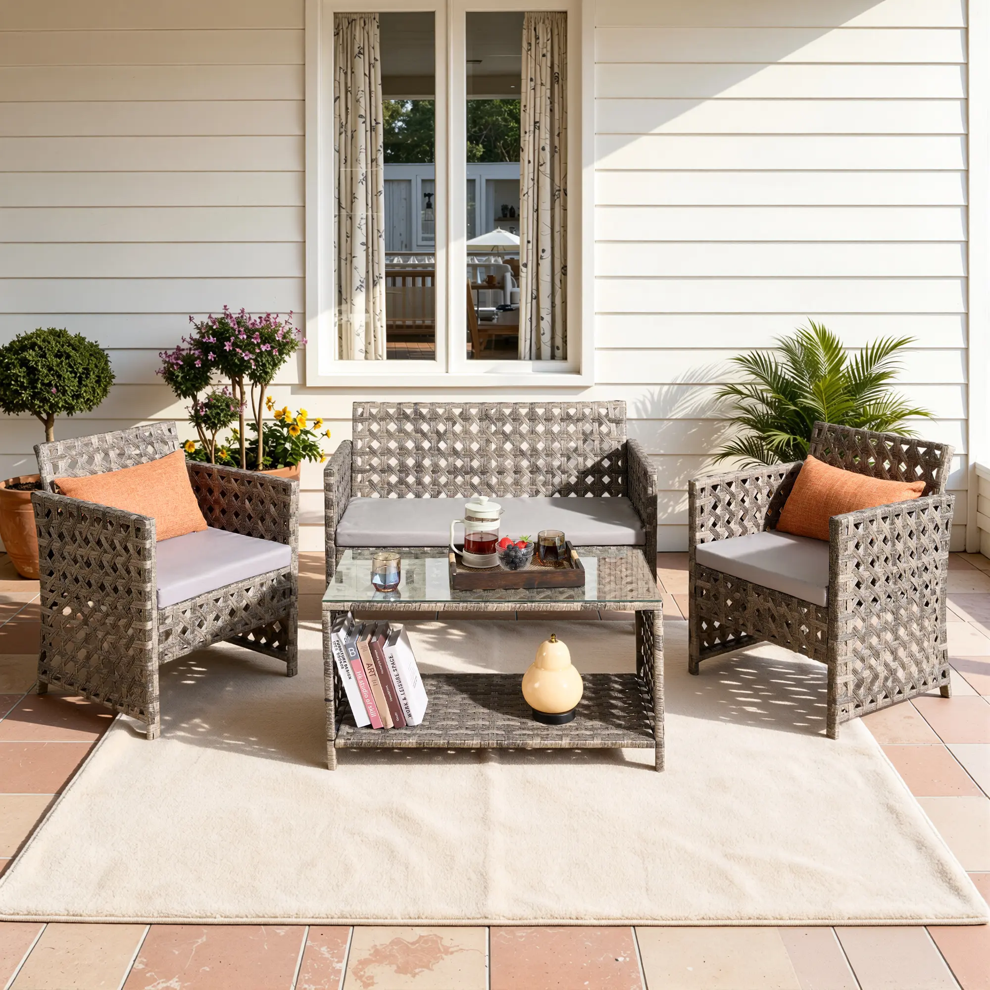 CAODOC 4-Piece Patio Furniture Set, Wicker Outdoor Rattan Sectional Sofa with Cushions and Glass Table, All-Weather Outdoor Conversation Set, Ideal for Garden, Porch, Backyard