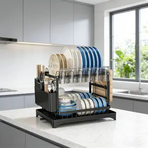 2-Tier Kitchen Bowl Dish Rack with Detachable Drain Board, Metal Counter Organizer for Plates Bowls Cups Utensils, Includes Cutlery Holder, Double Tiers, Dish Drying Organizer, Dish Drying Organiser, Dish Drainer Organizer