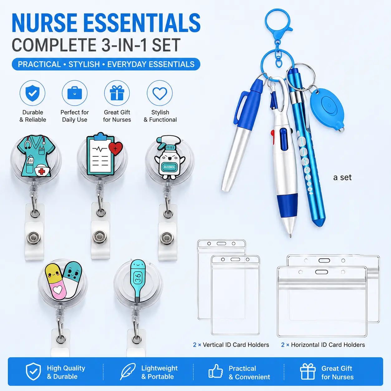 Nurse Essentials 3-in-1 Keychain Set, Retractable Badge Reel with Pen Light, Ballpoint Pen & Stylus Pen, Cute Medical ID Badge Holder Accessories, Graduation Appreciation Gift for RN CNA Nursing Students