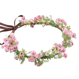 Pink Bohemian Flower Crown - Pink  Breath Flower Headband with Green Leaf Bohemian Floral Headpiece Hair Wreath for Women Wedding Halloween Christmas