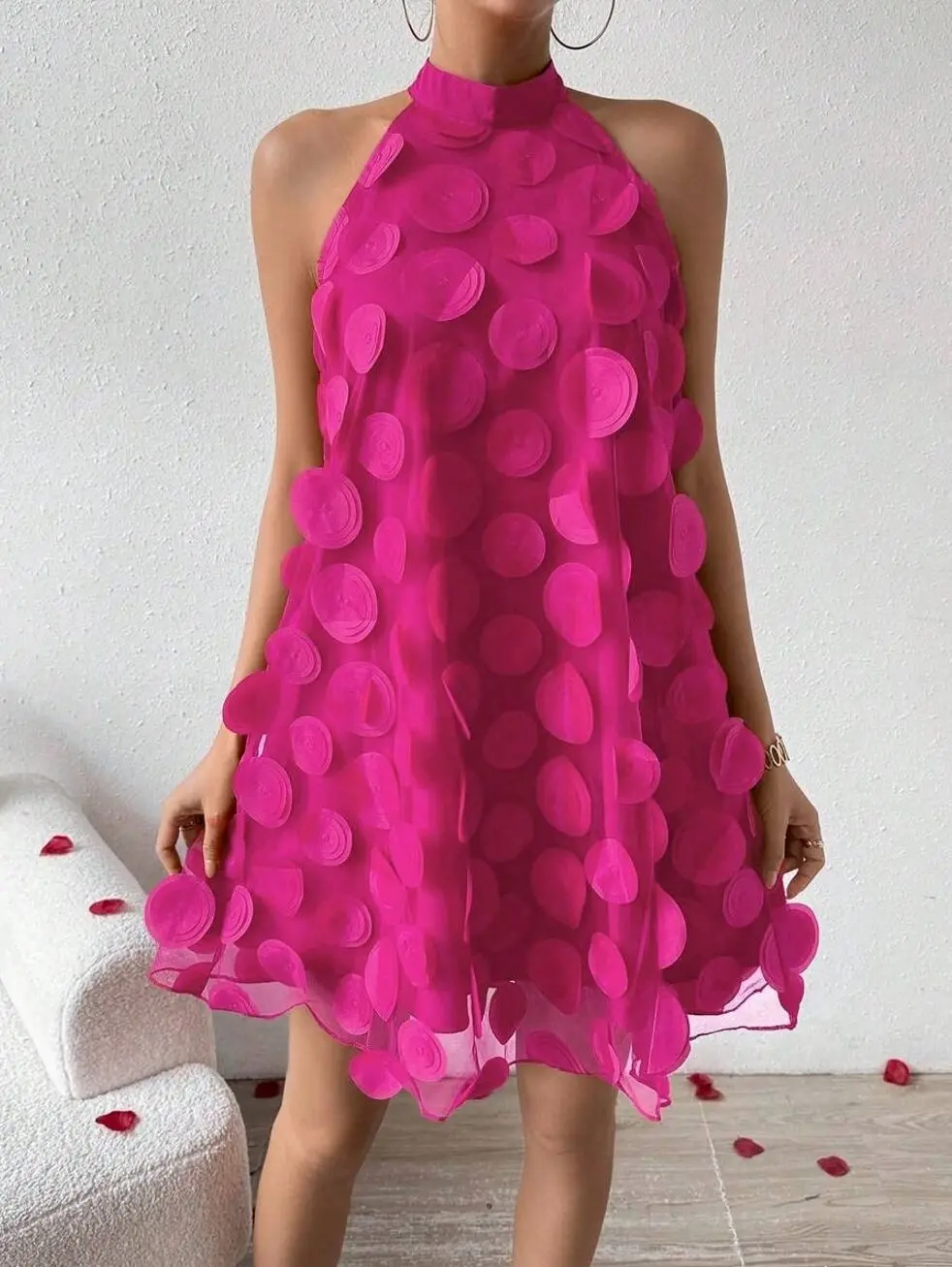 Women's 3D Flower Halter Neck Pink Mini Dress, Elegant A-Line Party Dress for Graduation & New Year