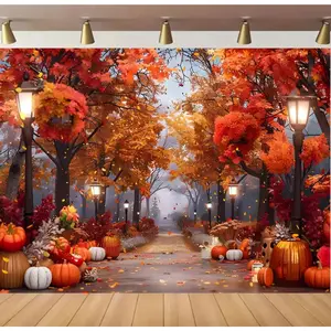 1pc 2D Flat Autumn Splendor Ft/ft Polyester Backdrop - Vibrant Maple Grove Path with Pumpkins & Foliage - Ideal for Thanksgiving, Harvest Parties & Birthday Decorations - Durable, No Power Needed, Feather-Free