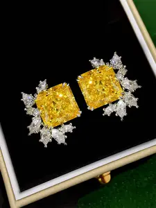 1 Pair Luxury Yellow Cubic Zirconia Gemstone Stud Earrings For Women For Wedding Engagement Anniversary Party Jewelry Valentine's Day Gift