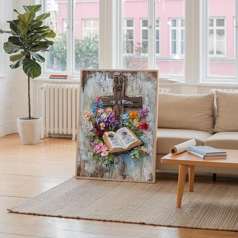 He Is Risen Rustic Cross Wall Art Poster, Christian Easter Decor with Open Bible & Floral Texture, Faith Inspirational Vintage Painting for Living Room or Prayer Corner