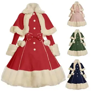 Women's retro winter fur warm coat dress shawl collar bow warm coat with pocket long sleeved Christmas outdoor sportswearGift