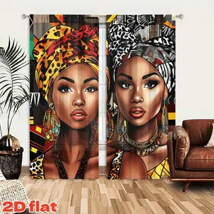 2D Flat 2Pcs African American Women Portrait Curtain Panels, Ethnic Style Window Drapes, Semi Sunshade Decor for Living Room Bedroom Balcony Kitchen Study, Privacy Protection, Aesthetics, Black History Month Decor.